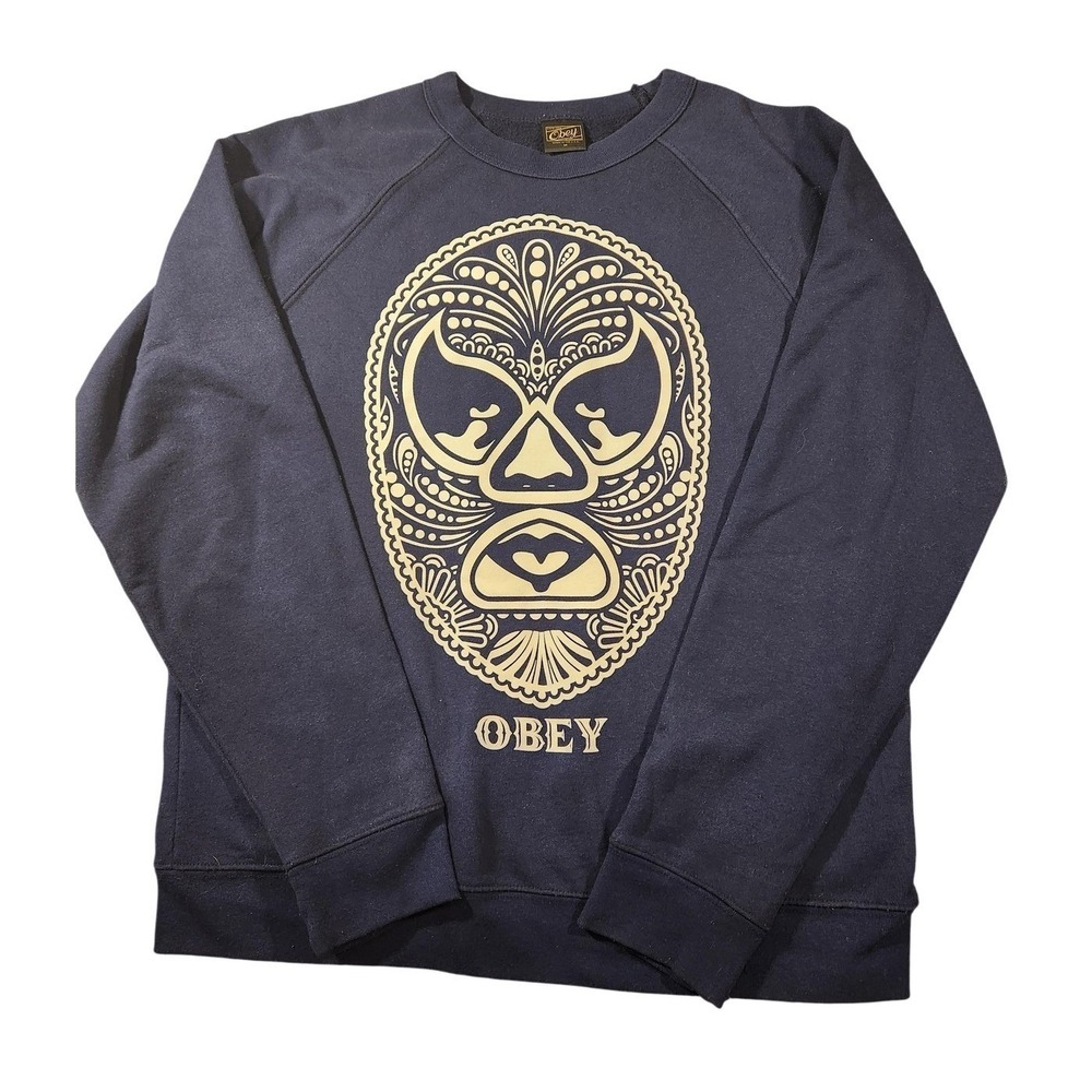 OBEY‎ Sweatshirt Mens Medium Blue Luchador Mask Graphic Pullover Fleece Crew USA